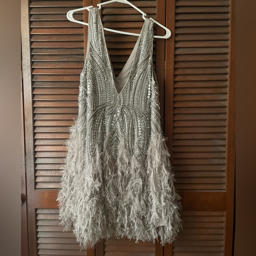ASOS Limited feather sequin lilac silver v neck dress, size 8